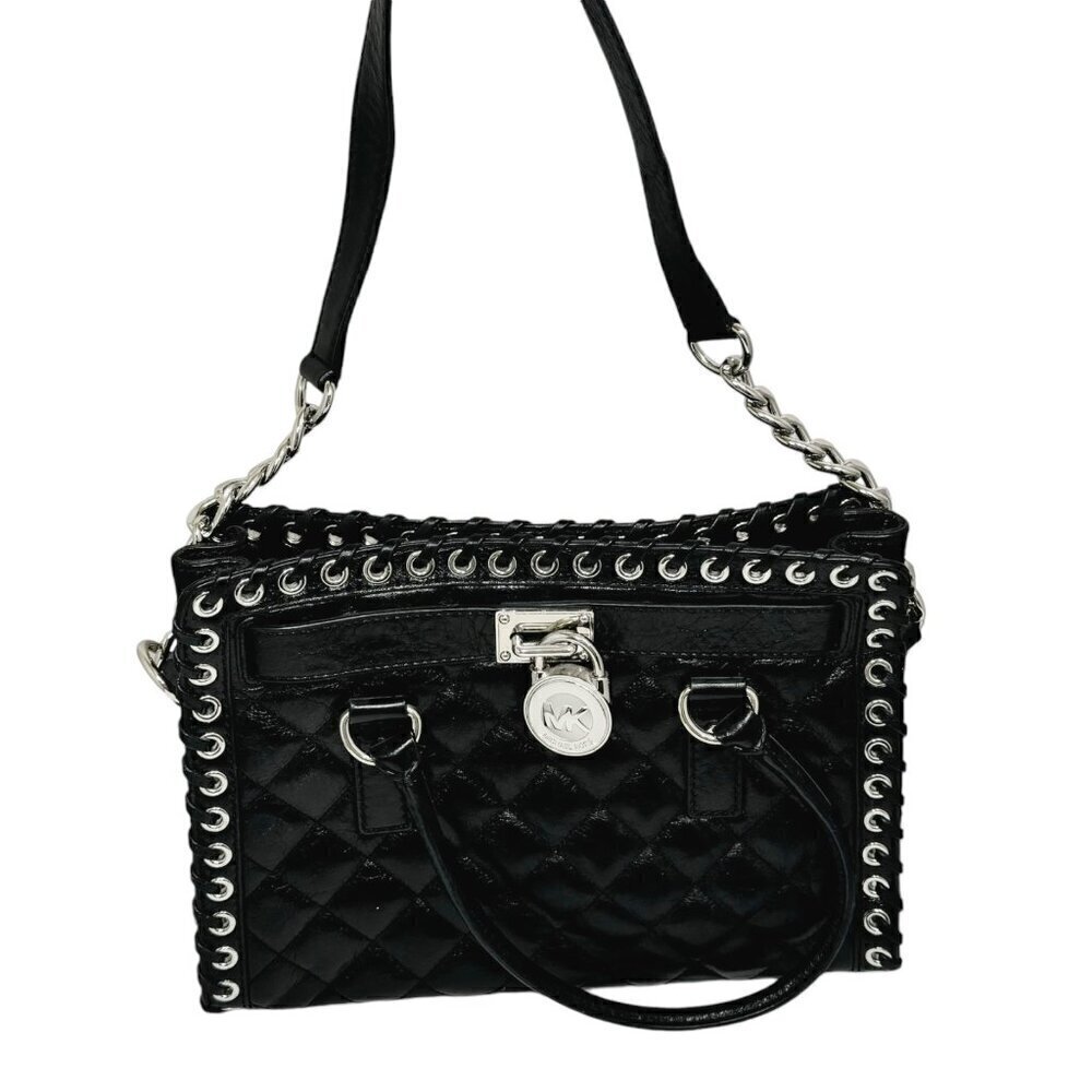 Michael‎ Kors Hamilton Hippie Grommet Quilted Tote Black & Silver 12.5 x 9